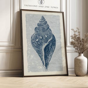 May include: A framed art print depicting a detailed illustration of a conch shell in blue hues. The artwork is in a dark frame and leans against a wall. The text "THOUSAND AND ONE TONES" is visible at the top of the frame.