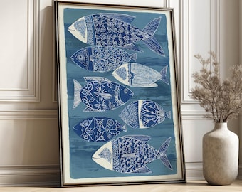 Modern Blue Fish Folk Style Art Print Coastal Ocean Illustration Art Beach House Kitchen Decor