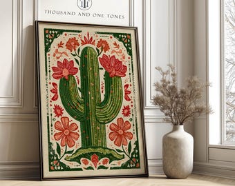 Mexican Folk Art Cactus Print Living Room Wall Art — Modern Boho Southwestern Desert Poster