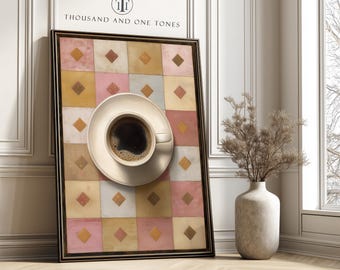 Modern Coffee Cup Wall Art Print - Pastel Checkerboard Cafe Poster for Kitchen Decor