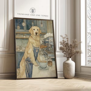 Illustration of a barista golden retriever in soft blue and beige watercolor as an art print leaning against a white paneled wall by a tall window with a ceramic vase.