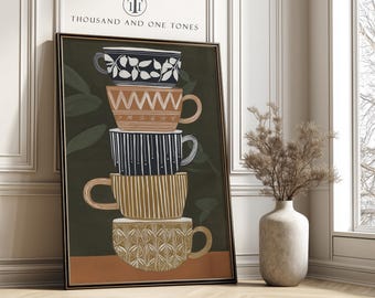 Stacked Coffee Cups Poster - Boho Minimalist Teacups Wall Art Print Tea Lover Wall Decor
