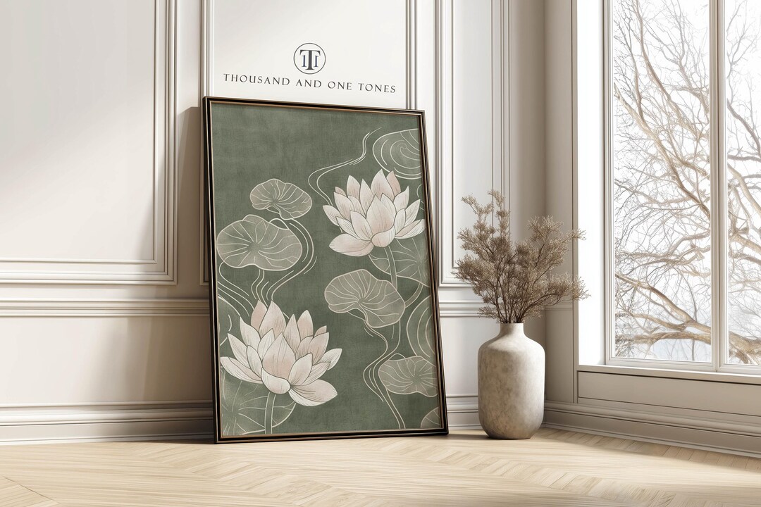 Sage Green Lotus Floral Art Print Japandi Style Boho Botanical Poster ...