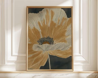 Pôster de papoula em negrito, impressão artística floral contemporânea em tons de bege ocre, arte botânica para parede em casa ou no escritório.