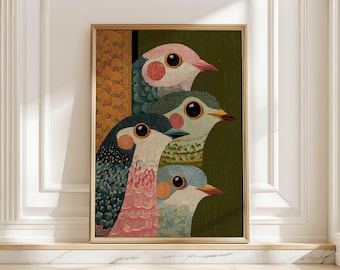 Modern Colorful Birds Wall Art Print Green Pink Retro Bird Graphic Poster Eclectic Living Room Art
