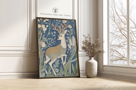 Woodland Deer Poster Modern Botanical William Morris Wall Art Forest Stag Print Folk Art