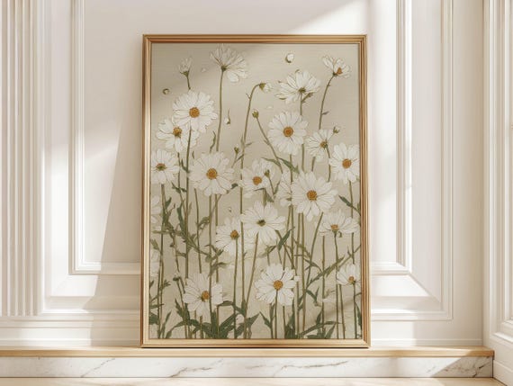 White Daisy Flowers Art Print, Minimal Wildflower Meadow Poster for Bedroom, Neutral Beige Floral Wall Art