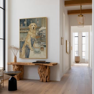 Whimsical barista dog watercolor wall art print framed above a live-edge wooden console in a modern hallway with a black accent stool and pendant lights.