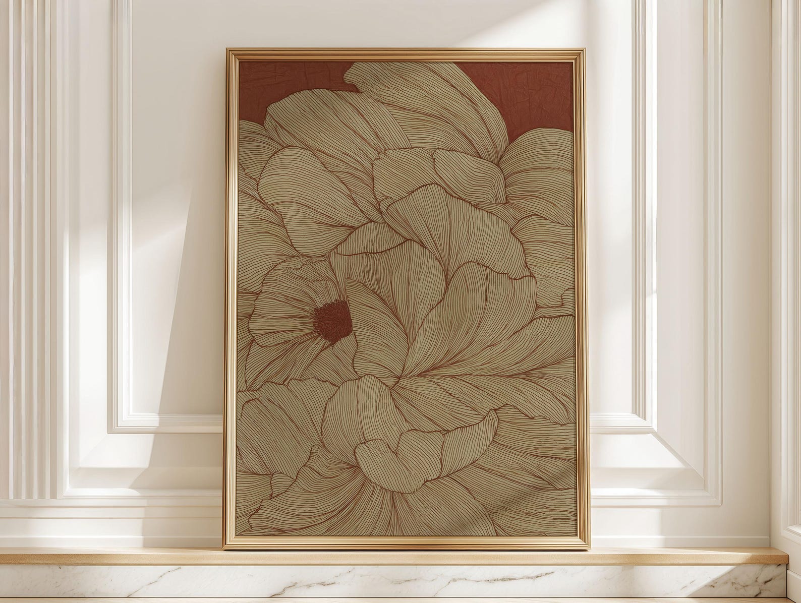Abstract Floral Line Art Poster, Modern Rust Red and Beige Flower Art ...