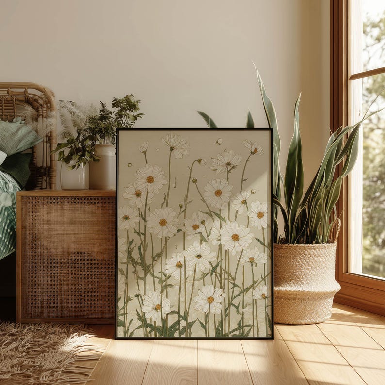 Airy floral art print featuring white daisy blooms and muted green stems on warm beige, styled in a cozy bedroom corner by a woven cabinet and sunny window.