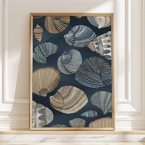 May include: A framed art print featuring a pattern of stylized seashells in shades of blue, beige, and brown against a dark blue background. The shells have intricate details and are arranged in a repeating pattern. The frame is gold.