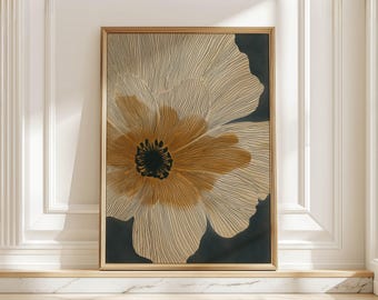 Modern Abstract Botanical Poster, Minimal Mid Century Floral Art Print, Beige Orange Line Art Flower for Living Room Wall Decor