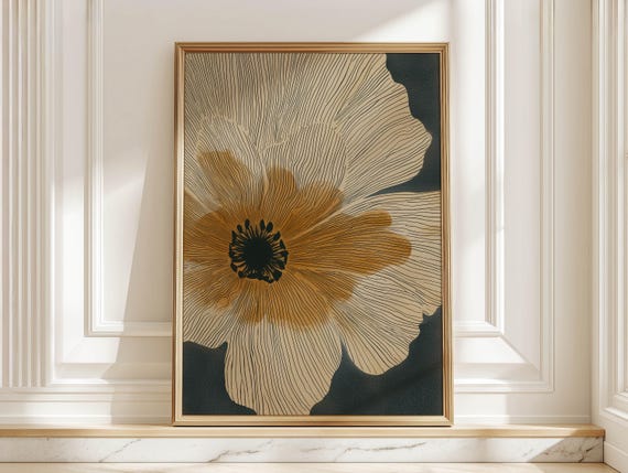 Modern Abstract Botanical Poster, Minimal Mid Century Floral Art Print, Beige Orange Line Art Flower for Living Room Wall Decor