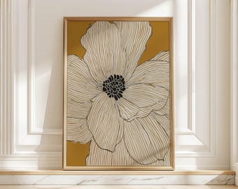 Abstract Line Art Flower on Mustard Poster, Mid-Century Modern Black Beige Floral Art Print, Minimalist Botanical Wall Art for Living Room