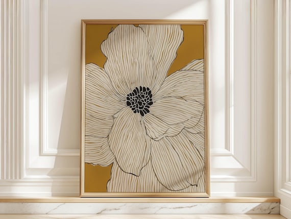Abstract Line Art Flower on Mustard Poster, Mid-Century Modern Black Beige Floral Art Print, Minimalist Botanical Wall Art for Living Room