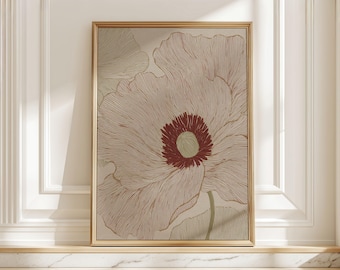 Zarte Abstrakte Linie Kunst Blumenplakat, Minimalistischer, neutraler Blumenkunstdruck für das Wohnzimmer