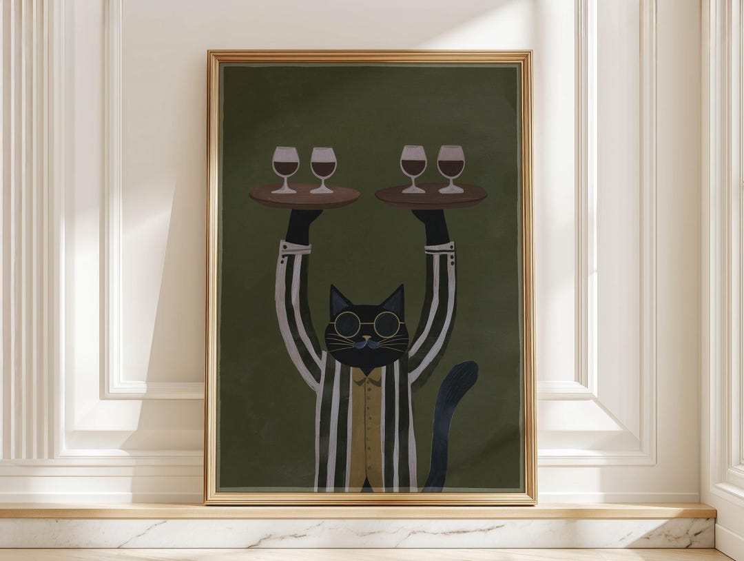 Retro Black Cat Bartender Art Print Bar Waiter Serving Drinks Poster ...