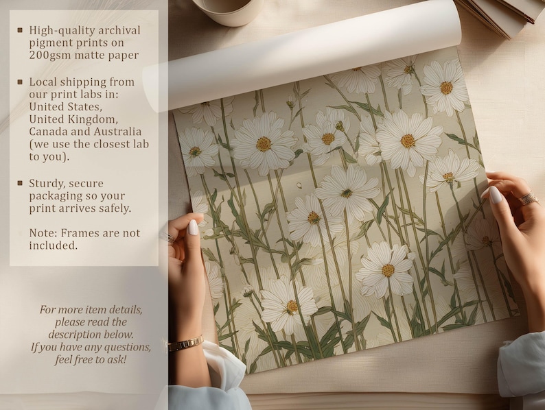 Hands unrolling a physical art print of white daisies on beige with sage green stems, photographed on a neutral tabletop beside a cup and paper-quality overlay text.