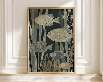 Modern Swimming Fish in Seaweed Art Print, Blue Coastal Painting Poster, Calm Sea Life Art for Beach House Bathroom Wall Decor