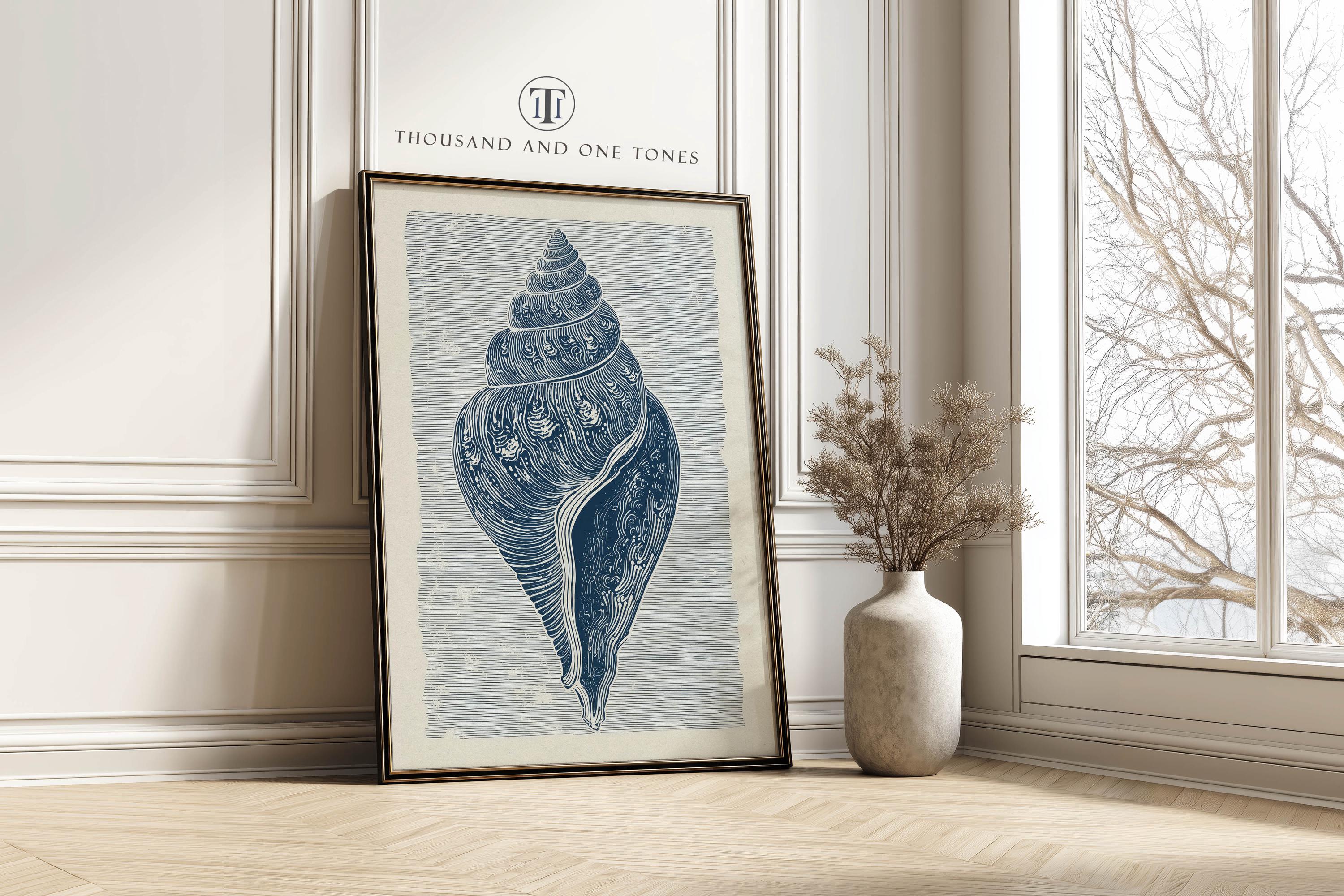Blue Seashell Art Print Coastal Shell Illustration Poster Nautical ...