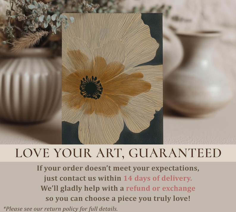 Elegant botanical wall art print showing a large line-drawn bloom in beige and charcoal with a golden center, modern calm style, on a styled tabletop with guarantee overlay.