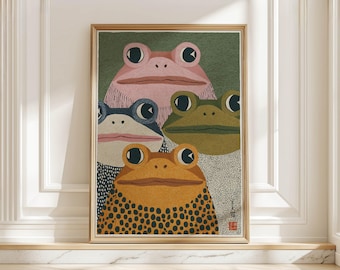 Moderne japanische Frosch-Kunst-Druck Retro Bunte Frösche Poster Schrullig grün orange Japandi Wandkunst