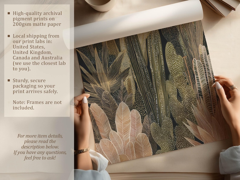 Olive-toned cactus composition with cream accents, art print being unrolled on a neutral tabletop by two hands with archival printing overlay.