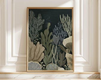 Modern Underwater Botanicals Art Print, Ocean Seaweed and Coral Poster, Minimal Coastal Art for Calm Bathroom Wall Decor