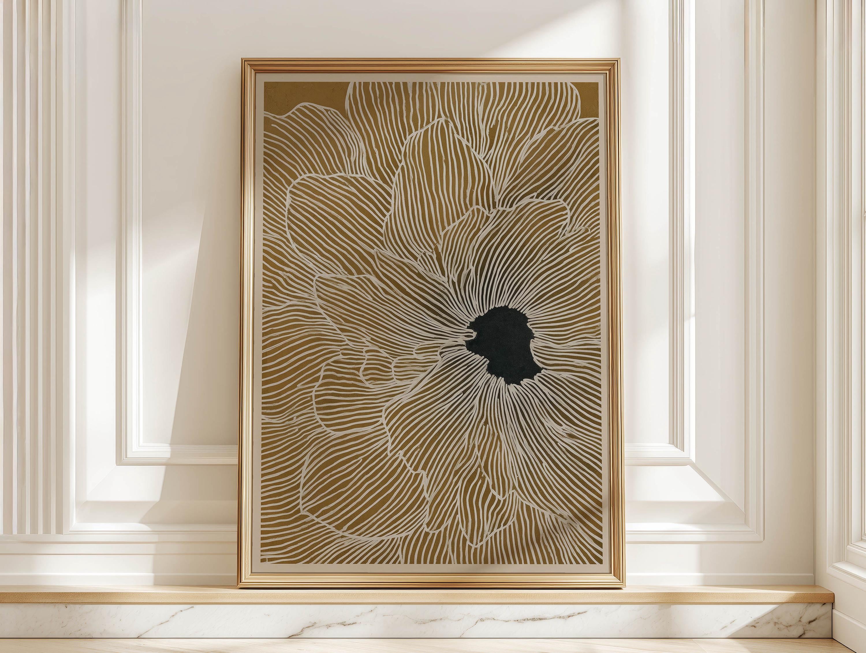 Abstract Flower Wall Art, Large Modern Floral Poster in Mustard Gold ...