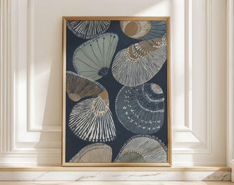 May include: A framed art print featuring a pattern of stylized fan-shaped designs in shades of blue, beige, and white against a dark blue background. The artwork is enclosed in a gold-colored frame, adding a touch of elegance to the piece. The overall theme is abstract and decorative.