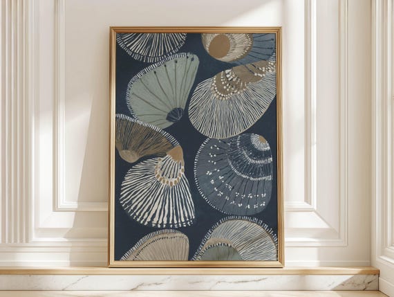 Abstract Seashell Art Print, Navy Shell Poster for Beach House Living Room, Blue Coastal Wall Art