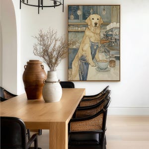 Playful golden retriever poster in muted blues and beige, a large framed print hanging above a light wood dining table with cane-back chairs and ceramic vases.