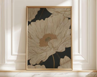 Arte moderna com linhas de flores de papoula, impressão artística floral neutra, pôster botânico minimalista em preto e bege para sala de estar.