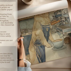 Watercolor dog art print being unrolled on a neutral tabletop by two hands, showing archival pigment printing details and secure packaging overlay.