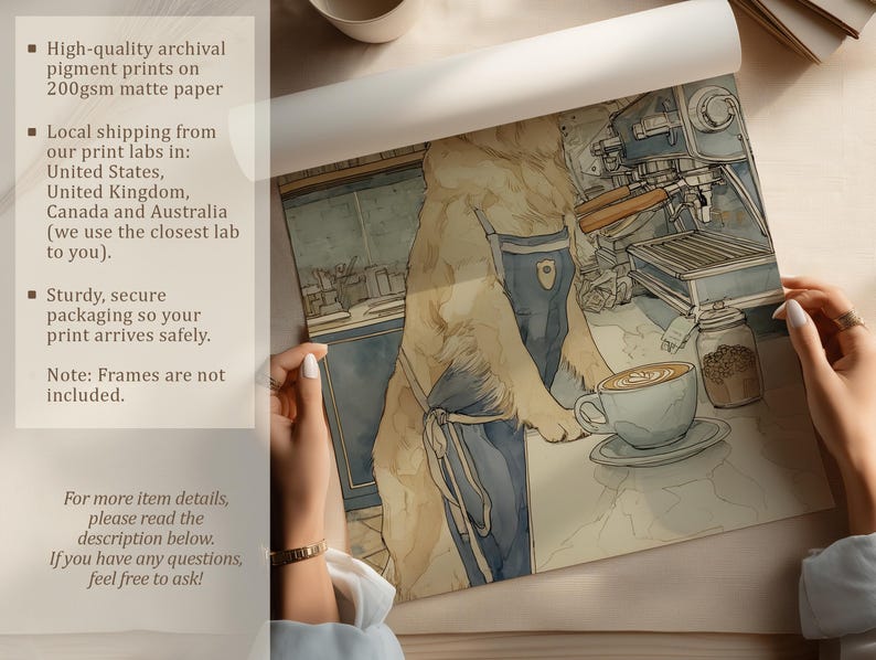 Watercolor dog art print being unrolled on a neutral tabletop by two hands, showing archival pigment printing details and secure packaging overlay.