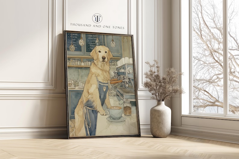 Illustration of a barista golden retriever in soft blue and beige watercolor as an art print leaning against a white paneled wall by a tall window with a ceramic vase.