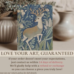 Enchanting forest stag in blue and cream hues with surrounding flowers wall art print is displayed large above a light wood dining table in an airy dining room.