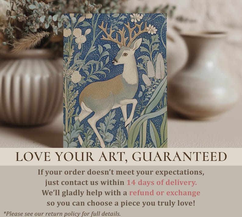 Enchanting forest stag in blue and cream hues with surrounding flowers wall art print is displayed large above a light wood dining table in an airy dining room.