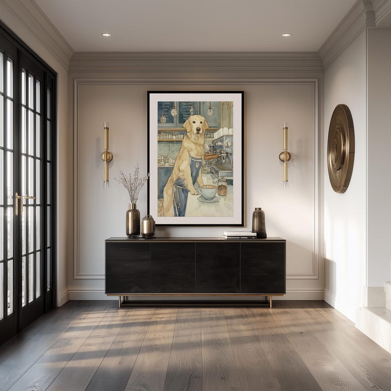 Elegant barista dog wall art print large framed above a sleek black console in an entryway with wall sconces, brass decor and double glass doors.