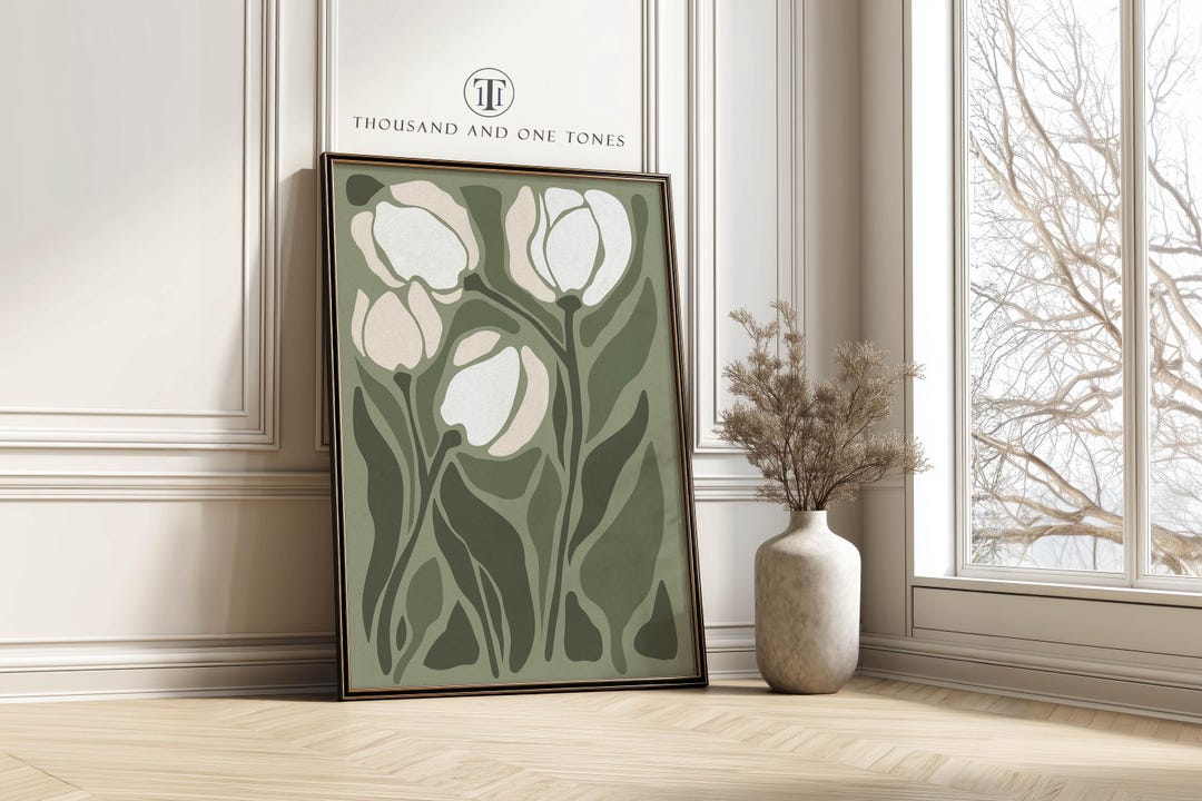 Modern Floral Wall Art Print Sage and White Tulip Poster Minimal Flower ...
