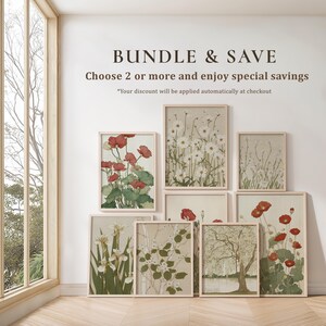 May include: A collection of framed botanical prints featuring various floral and landscape designs. The prints showcase red poppies, white daisies, and other natural elements. The text "BUNDLE & SAVE" is displayed at the top.