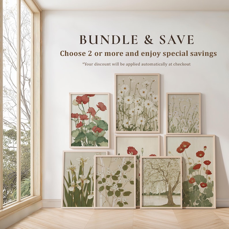 May include: A collection of framed botanical prints featuring various floral and landscape designs. The prints showcase red poppies, white daisies, and other natural elements. The text "BUNDLE & SAVE" is displayed at the top.