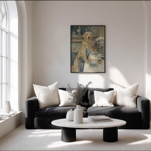 Soft-toned golden retriever art print on a white wall in a bright living room with a black sofa, white cushions, arched window and round stone coffee table.