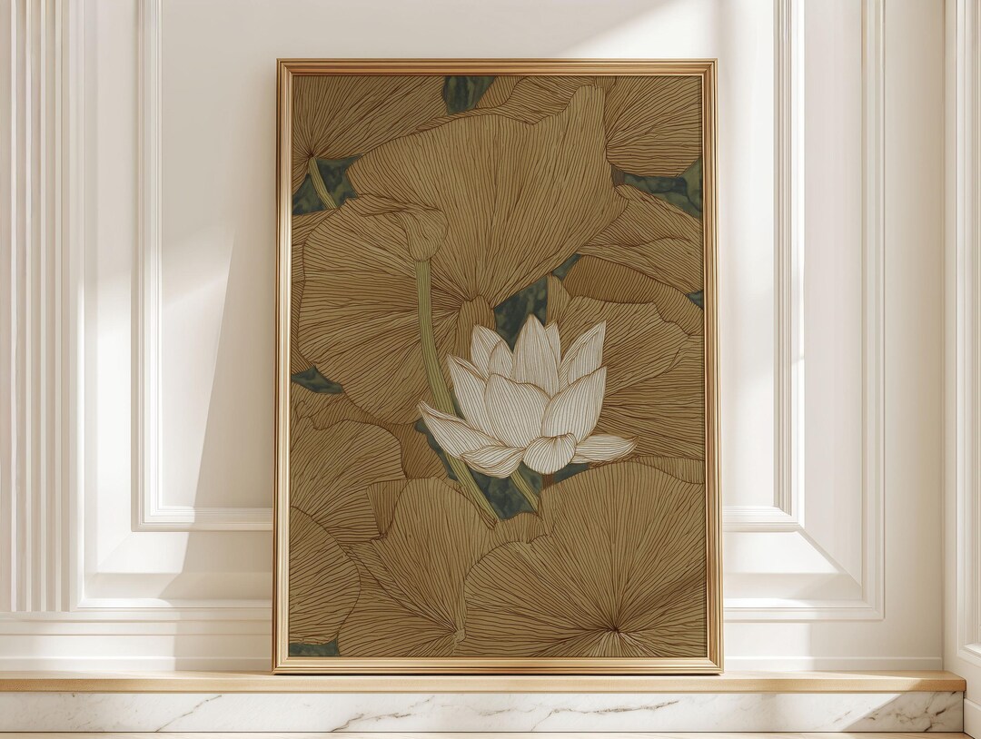 White Lotus Botanical Poster, Minimal Earth Tone Flower Art Print ...