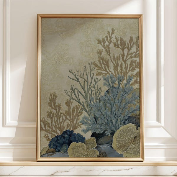 Minimalist Underwater Botanical Art Print, Soft Blue Beige Seaweed and Coral Poster for Modern Coastal Living Room