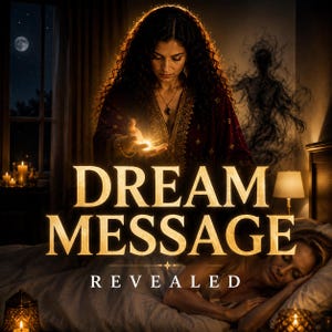 May include: A person with long curly hair wearing a dark red robe stands over a sleeping individual, holding a glowing light in their hands. The text DREAM MESSAGE REVEALED is centered in gold lettering. A dark, smoky figure appears behind them.