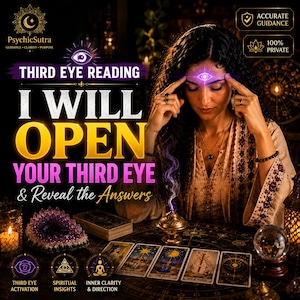 May include: A promotional graphic for a third eye reading service featuring text that reads PsychicSutra, Third Eye Reading, I Will Open Your Third Eye & Reveal the Answers, Accurate Guidance, 100% Private, Third Eye Activation, Spiritual Insights, and Inner Clarity & Direction.