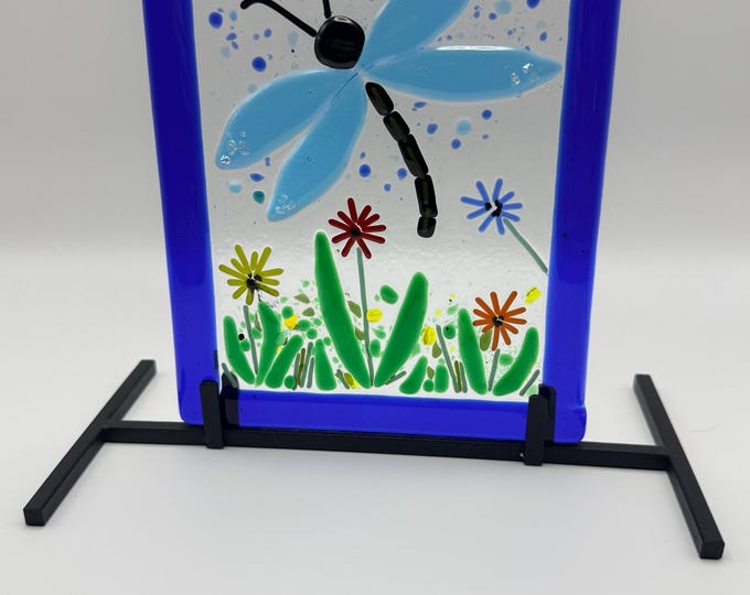 Fused Glass Dragonfly Garden Panel • Handmade Home Decor with Metal Stand