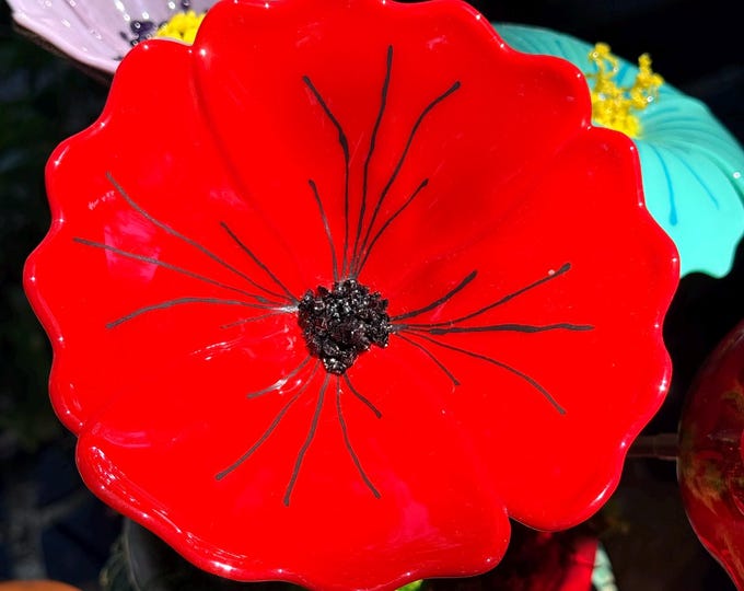 Forever Bloom Collection of Handmade Glass Garden Flowers - Solid  Red Poppy