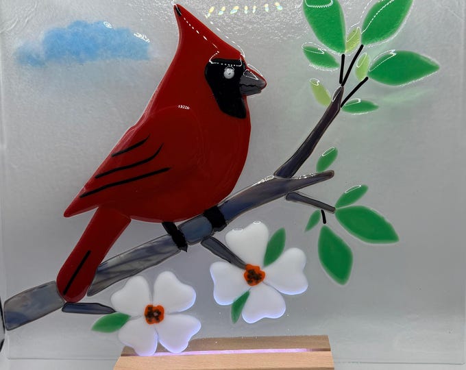 Handcrafted Fused Glass Cardinal Suncatcher – Dogwood Flowers Art Panel